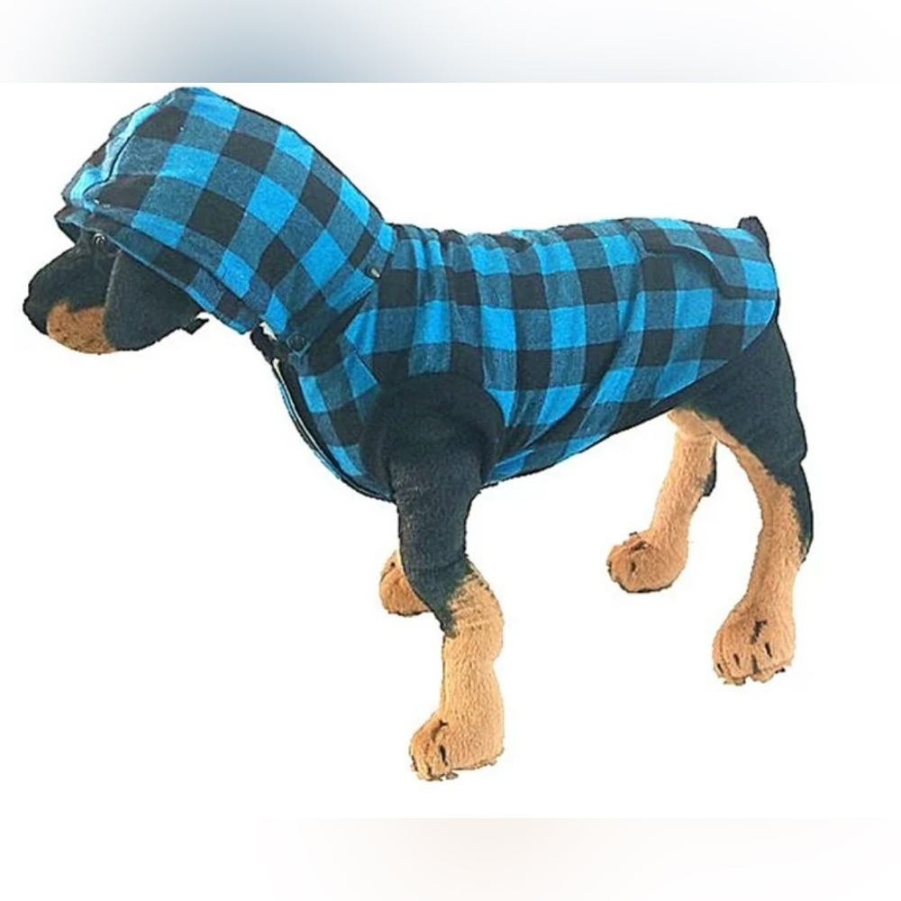 NWOT Wind proof pet dog jacket in blue and black plaid hoodie sweater